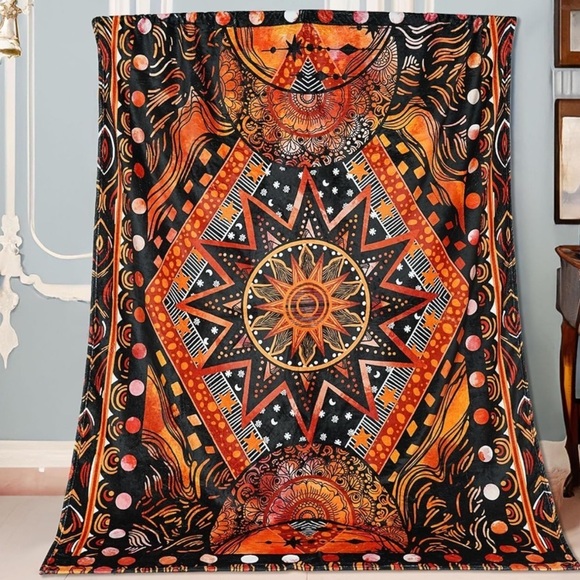 Orange Geometric Art Throw Blanket, Hippie Abstract Sun and Moon - Picture 3 of 4